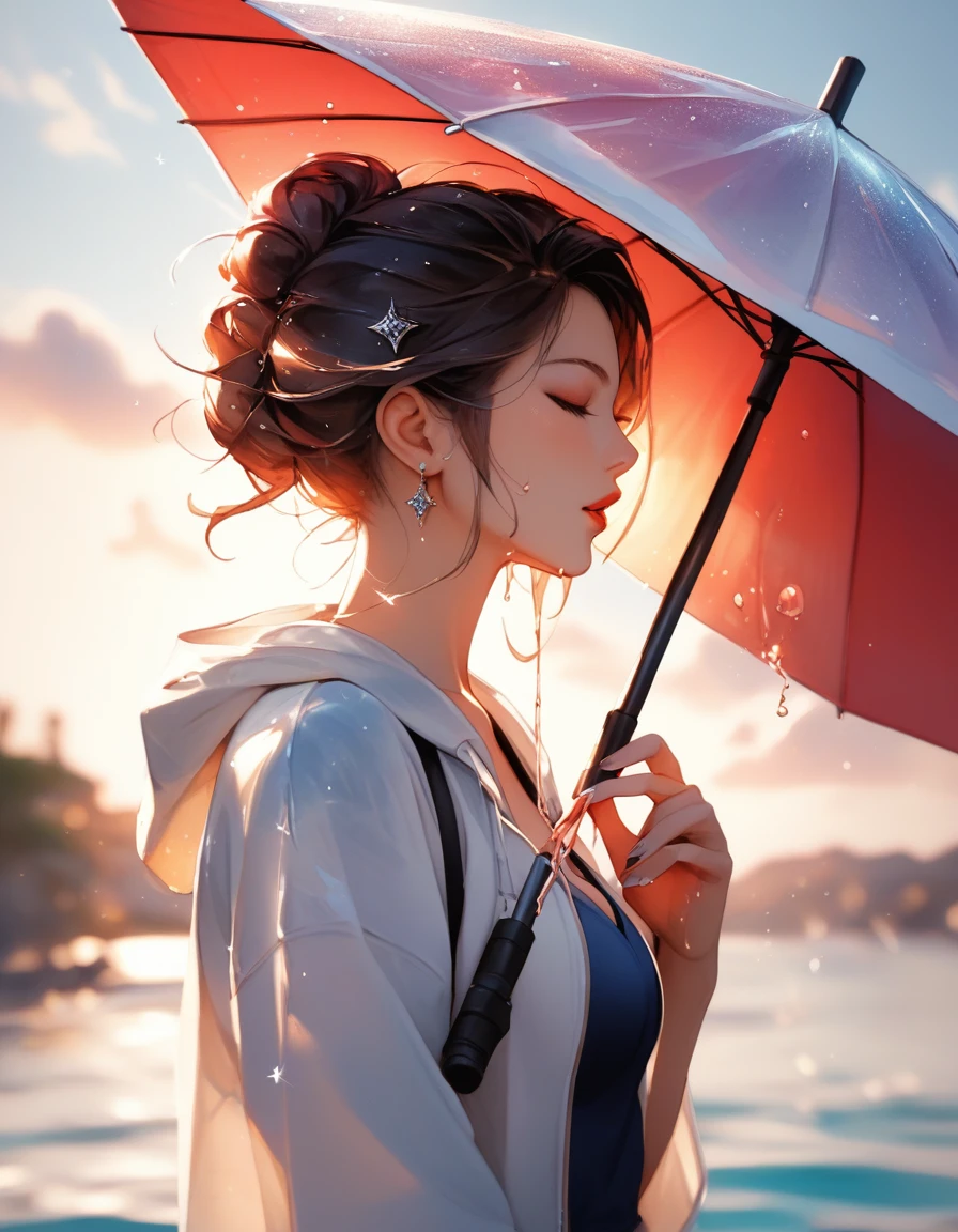 score_9, score_8_up, score_7_up, score_6_up, score_5_up, score_4_up, fusion of watercolor and oil painting, 2.5D, extremely detailed, delicate, flashy and dynamic depiction, beautiful woman holding umbrella and having fun, like a scene from a movie, Iridescent rain pouring down, water splashing, sunlight spilling through the gaps in the clouds, sparkling effects
