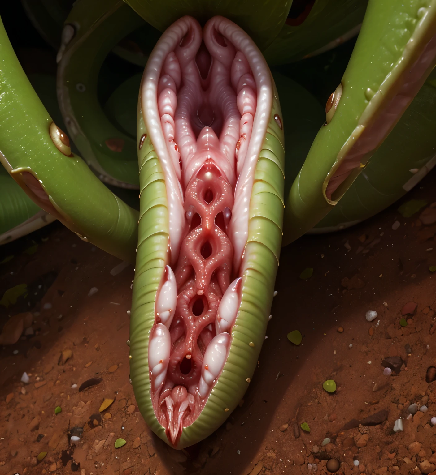 one carnivorous worm plant opening its mouth shaped like a bulb cum, weird, octopus eyes, from above, circular, round, lips