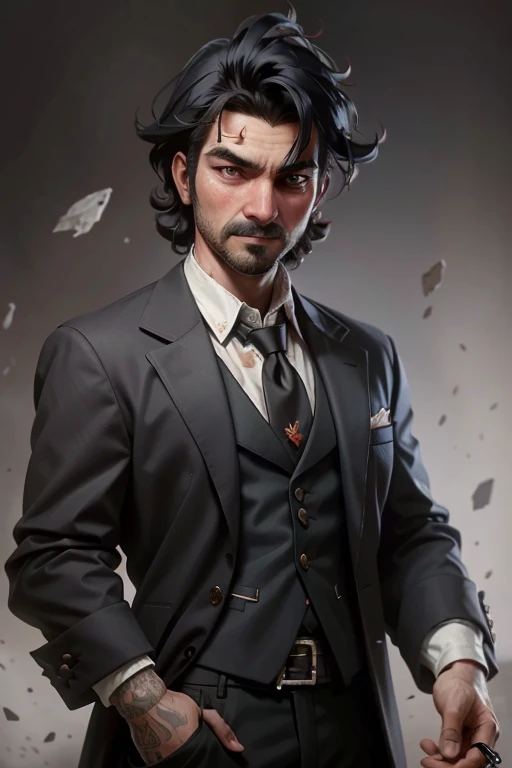 masterpiece, best quality, 8k, official art, cinematic light, ultra high res, DutchRDR, 1boy, male focus, facial hair, solo, red background, black hair, shirt, beard, formal, jacket, holding, suit, knife, necktie, white shirt, black jacket, scar, looking at viewer, blood, mustache, long sleeves, collared shirt, manly, tattoo, closed mouth
