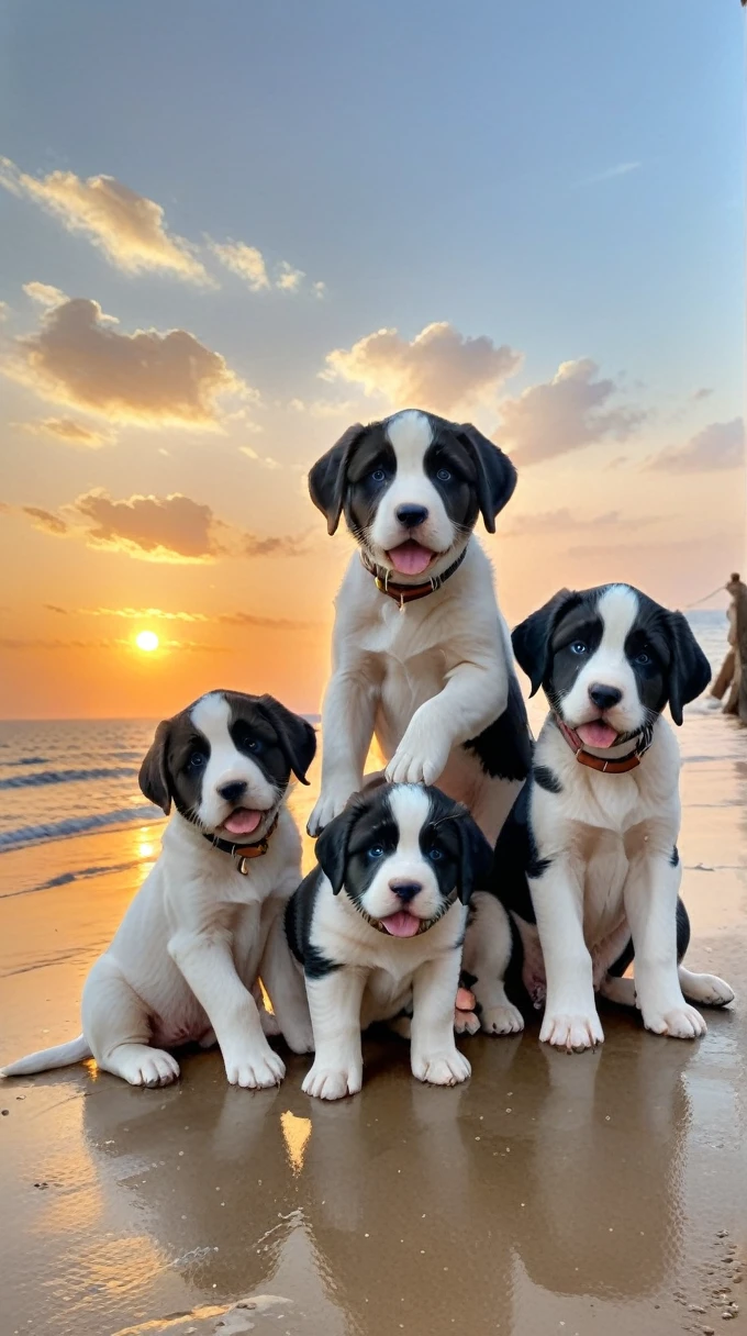 With the sunset in the background,(masterpiece:1.2, high quality), A few puppies、