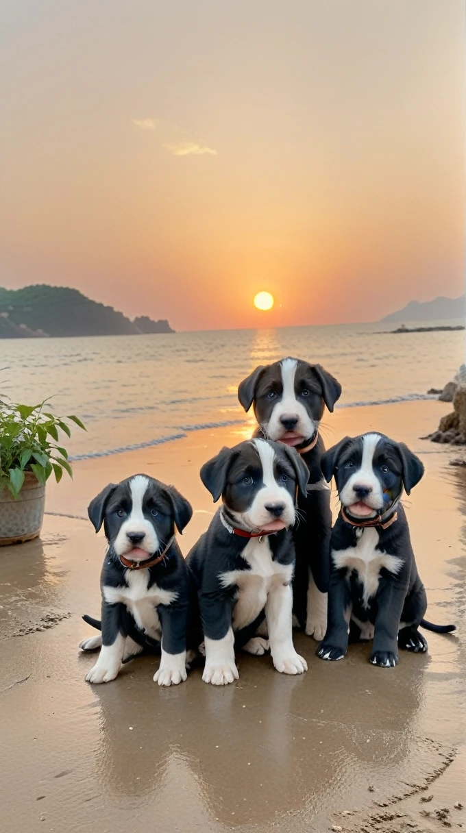 With the sunset in the background,(masterpiece:1.2, high quality), A few puppies、