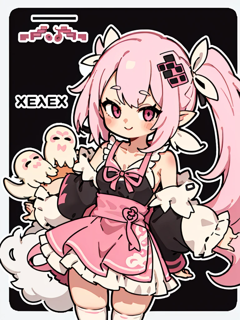 1girl pink hair pink eyes (long hair) (twin tails) wavy hair maid outfit puff sleeves long sleeves ribbon smile plush feet,pixel, pixel art, pixelart, xiangsu, xiang su,niji styleniji・journey style pastel girl,jirai fashion
