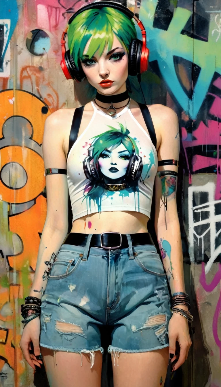 Masterpiece, best quality, 1 girl, alone, crop top, denim shorts, choker, (painted:1.5), graffiti on wall, punk look, arms behind the back, marked nipples, plain top, against the wall, looking to viewer, bracelet, thigh strap, body paint, head tilt, bored, green hair, aquamarine eyes, headphones, ,(art inspired in Bill Sienkiewicz). oil painting)