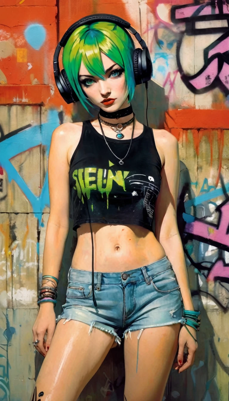 Masterpiece, best quality, 1 girl, alone, crop top, denim shorts, choker, (painted:1.5), graffiti on wall, punk look, arms behind the back, marked nipples, plain top, against the wall, looking to viewer, bracelet, thigh strap, body paint, head tilt, bored, green hair, aquamarine eyes, headphones, ,(art inspired in Bill Sienkiewicz). oil painting)