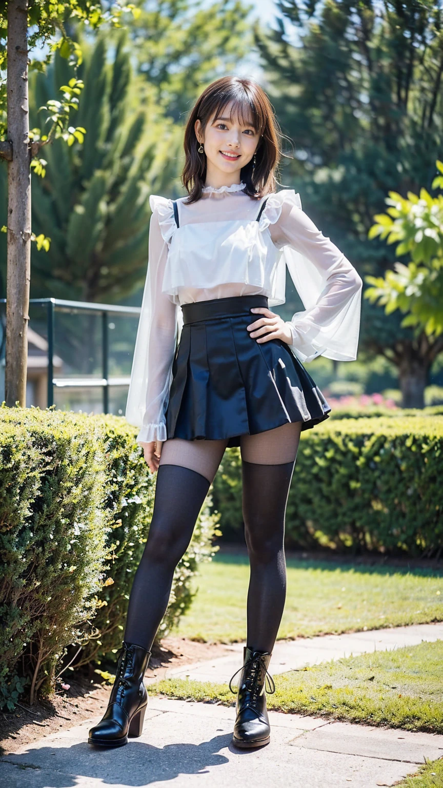 (8K、RAW Photos、Highest quality、masterpiece:1.2)、(Realistic、Realistic)、1 Girl、((Black Mini Skirt、one piece、Frills、smile、Medium Hair、See-through、tights、boots、chest emphasis、whole body、garden、View from the front、Looking into the camera、Stand with your hands on your hips))、