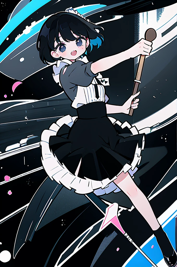 masterpiece, Highest quality, High Resolution, One Girl, solo,  whole body、Maid, black eye, Black Hair,  Laughter, skirt,[[Healed finger]], [[[[multiple limbs]]]]