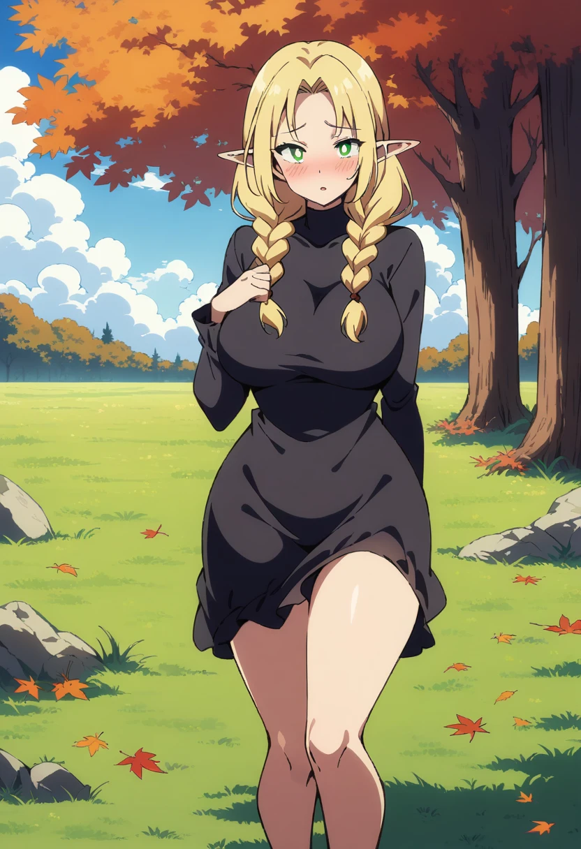 anime art style, masterpiece, best quality, very aesthetic, absurdres, dynamic shadows, atmosferic, marcilledonato, ((1girl)), blonde hair, ((long hair)), braid, twin braids, long braids, parted bangs, green eyes, detailed eyes, bright pupils, pointy ears, curvy body, large breasts, sexy, black nightgown, see-throught, borrowed, embarrased, intense blush, ((feet out of frame)), (from front), (standing), (grass), (afternoon), (autumn), (trees), (clouds), (looking at viewer:1.0)