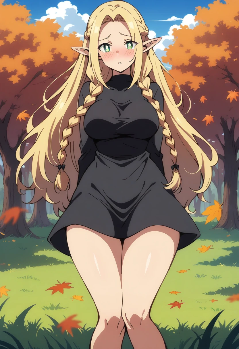 anime art style, masterpiece, best quality, very aesthetic, absurdres, dynamic shadows, atmosferic, marcilledonato, ((1girl)), blonde hair, ((long hair)), braid, twin braids, long braids, parted bangs, green eyes, detailed eyes, bright pupils, pointy ears, curvy body, large breasts, sexy, black nightgown, see-throught, borrowed, embarrased, intense blush, ((feet out of frame)), (from front), (standing), (grass), (afternoon), (autumn), (trees), (clouds), (looking at viewer:1.0)