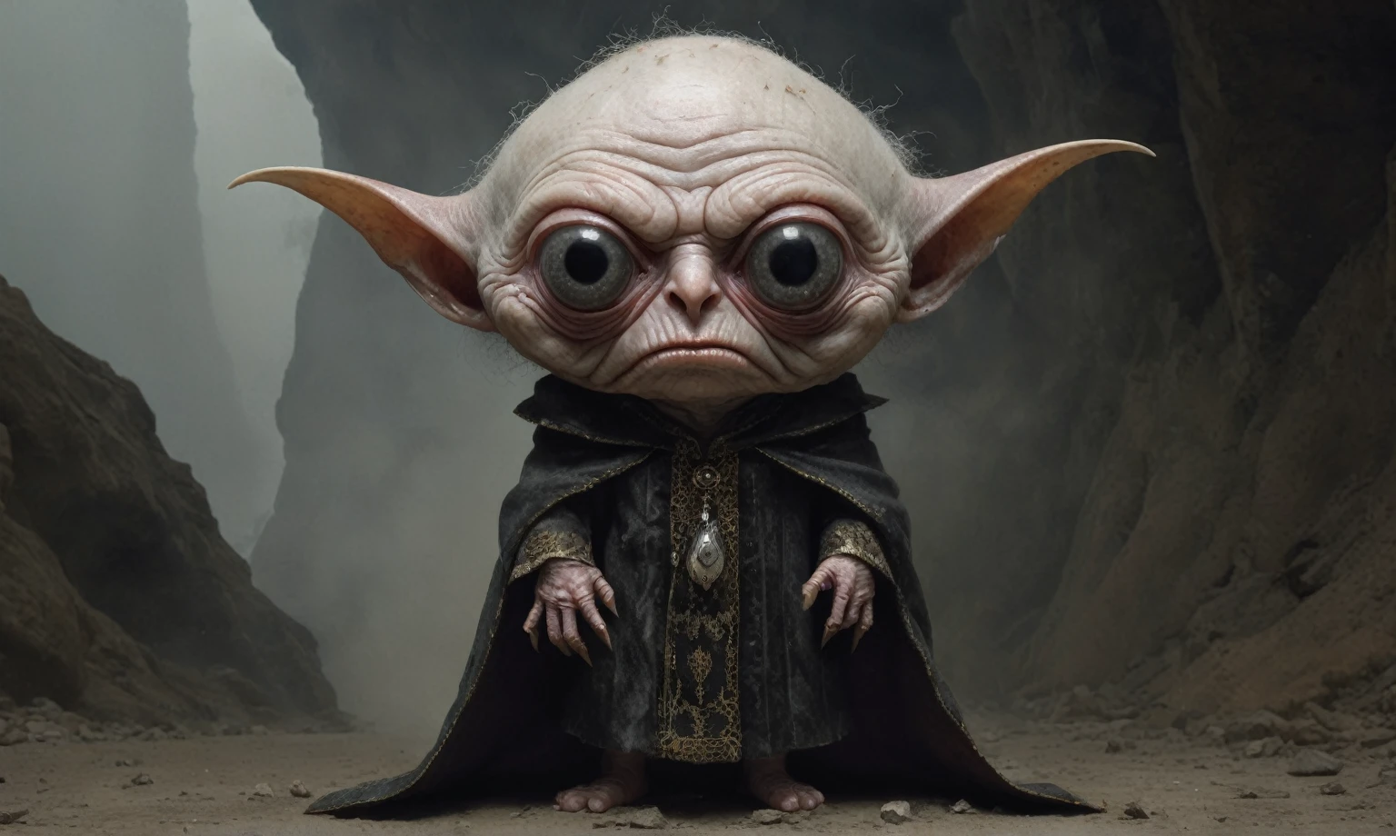 Full body length shot, famous artwork by (tom bagshaw:1.1), detailed expressive eyes, fantasy style, the grumpy lubwad is a tiny creature that prospers in intense heat, building its resiliforged lairs in the flanks of active volcanoes on planet ramsnuggle vi, here we get a good look at its dark ears and intricate eyes as it lays in ambush to prey on the grubby sneezlenook from the shadows of its yarbled hideout
RAW photo, realistic texture, extremely detailed, absurdres, sharp focus,  volumetric lighting, subsurface scattering
realistic skin, (natural skin:1), (skin details, skin texture:1.1), (skin pores:1), (skin imperfections:0.3), 
Mestichino,Light particles,marble leather ,ink photography ,RAW, NIKON Z9,ink photorealism,Mestichino,Light particles,marble leather ,ink photography 
