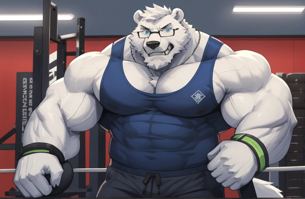 solo, 1boy, Huge Muscular White Polar Bear wearing glasses, huge white fur, pectoral, huge pectoral, wide pectoral, short white hair, blue colored short pants, blue colored wristbands and blue colored tank top, white bearded, white Mustache, white fur, gym background, masterpiece, high detailed, 8k, high resolution, at the gym, punching the bag with his bare hands, growling and grunting