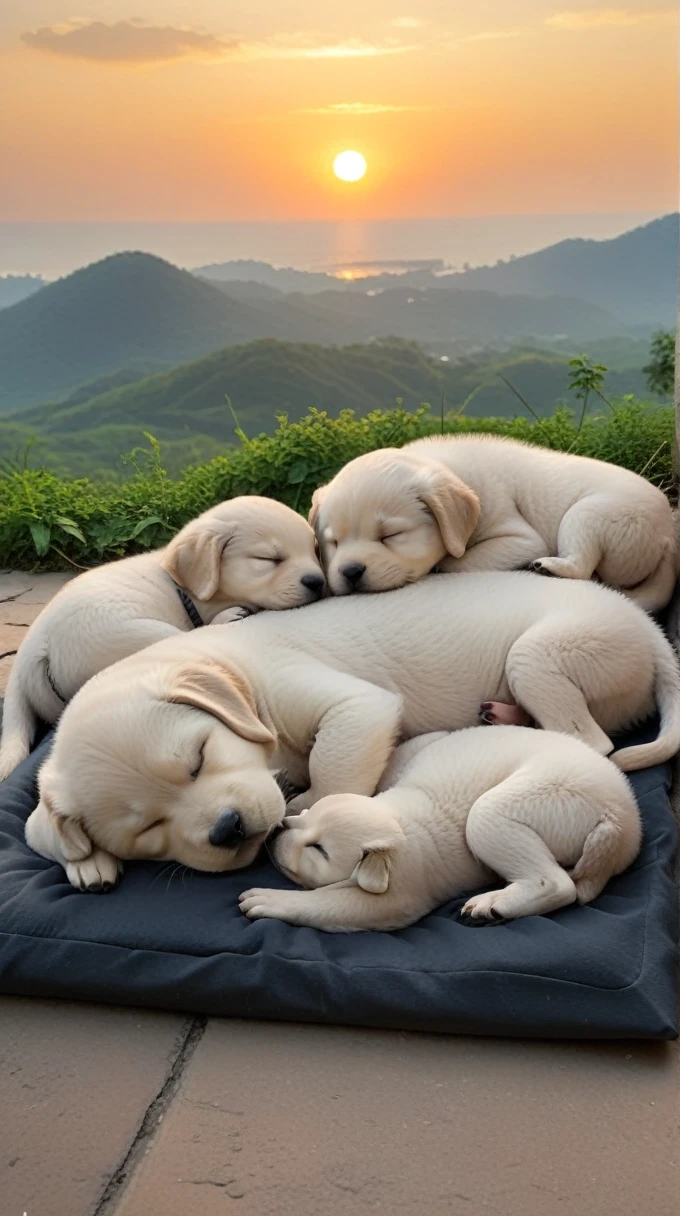 With the sunset in the background,(masterpiece:1.2, high quality), Several puppies sleeping together、