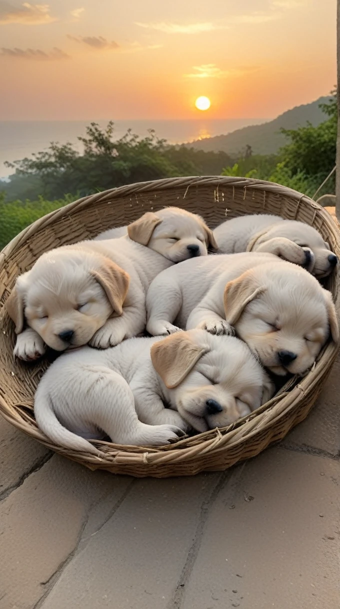 With the sunset in the background,(masterpiece:1.2, high quality), Several puppies sleeping together、