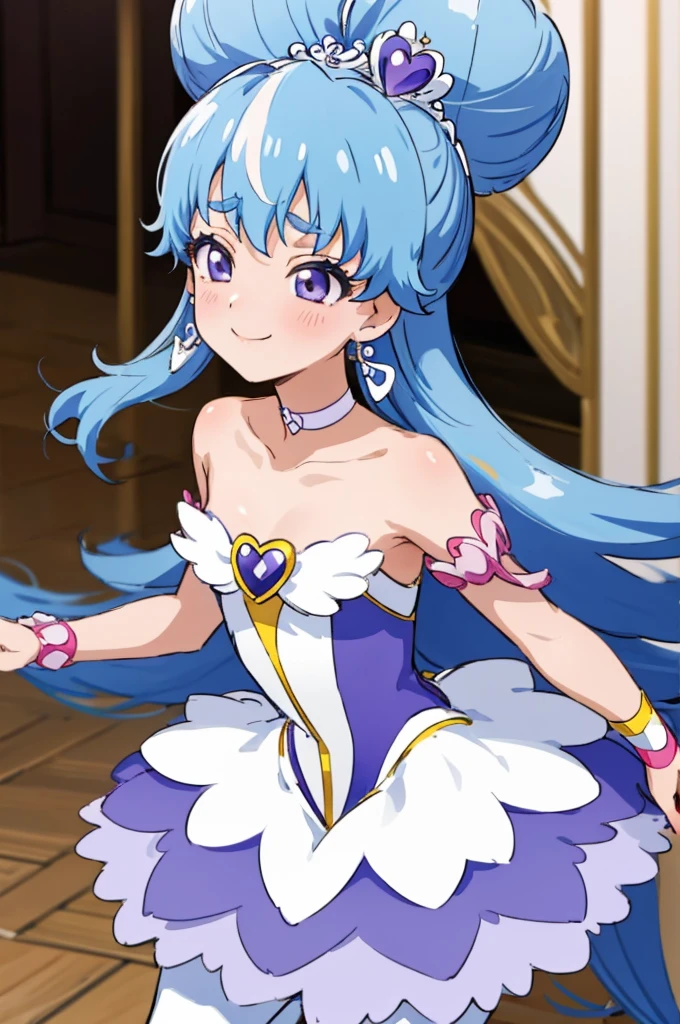 ultra detailed, sharp focus, best quality, masterpiece, colorful, ShirayukiHime, SherbetBallet, hair bun, ballerina, bare shoulders, hair ornament, bowing, kowtow, strapless dress, wrist cuffs, choker, white pantyhose, best quality, masterpiece, intricate details