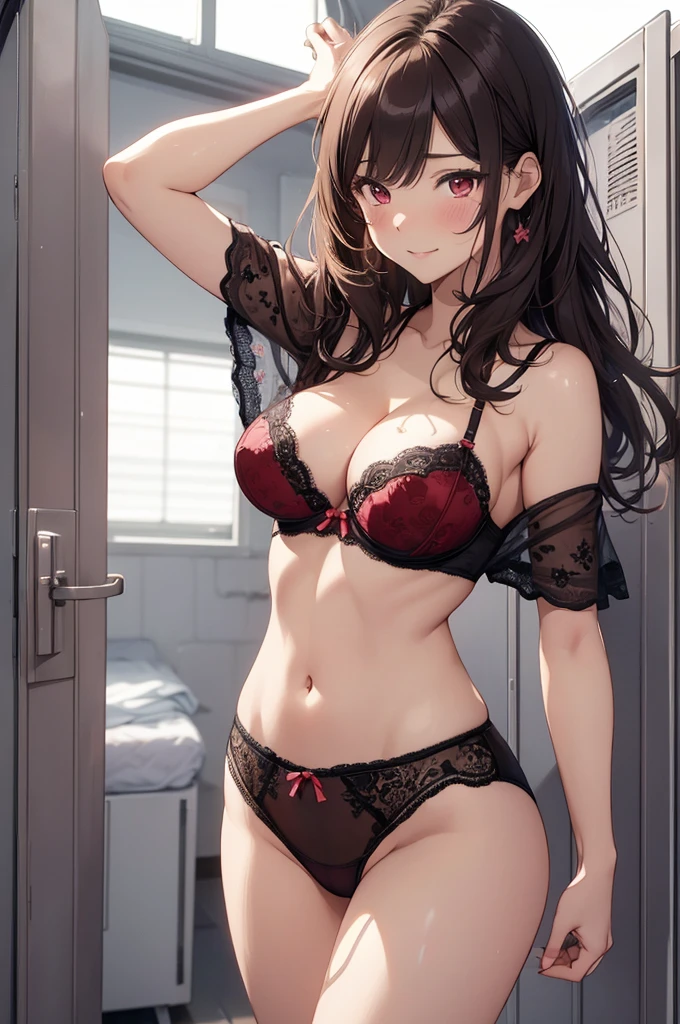 (masterpiece,best quality, ultra-detailed, high resolution, extremely detailed cg, anime picture, 8k,nsfw,) Underwear woman about to take off her shirt standing in front of a locker ,1girl, undressing,panicking,panick face,locker, navel,armpits, arms up, cleavage, beautiful skin color,bra, panties ,rose pattern print bra,rose pattern print panties, sexy underwear,fine pattern underwear,delicate pattern underwear,luxury underwear,colorful underwear,wet ,seductive smile,nose blush,big breast,imaschihiro,brown hair,red eyes,long hair