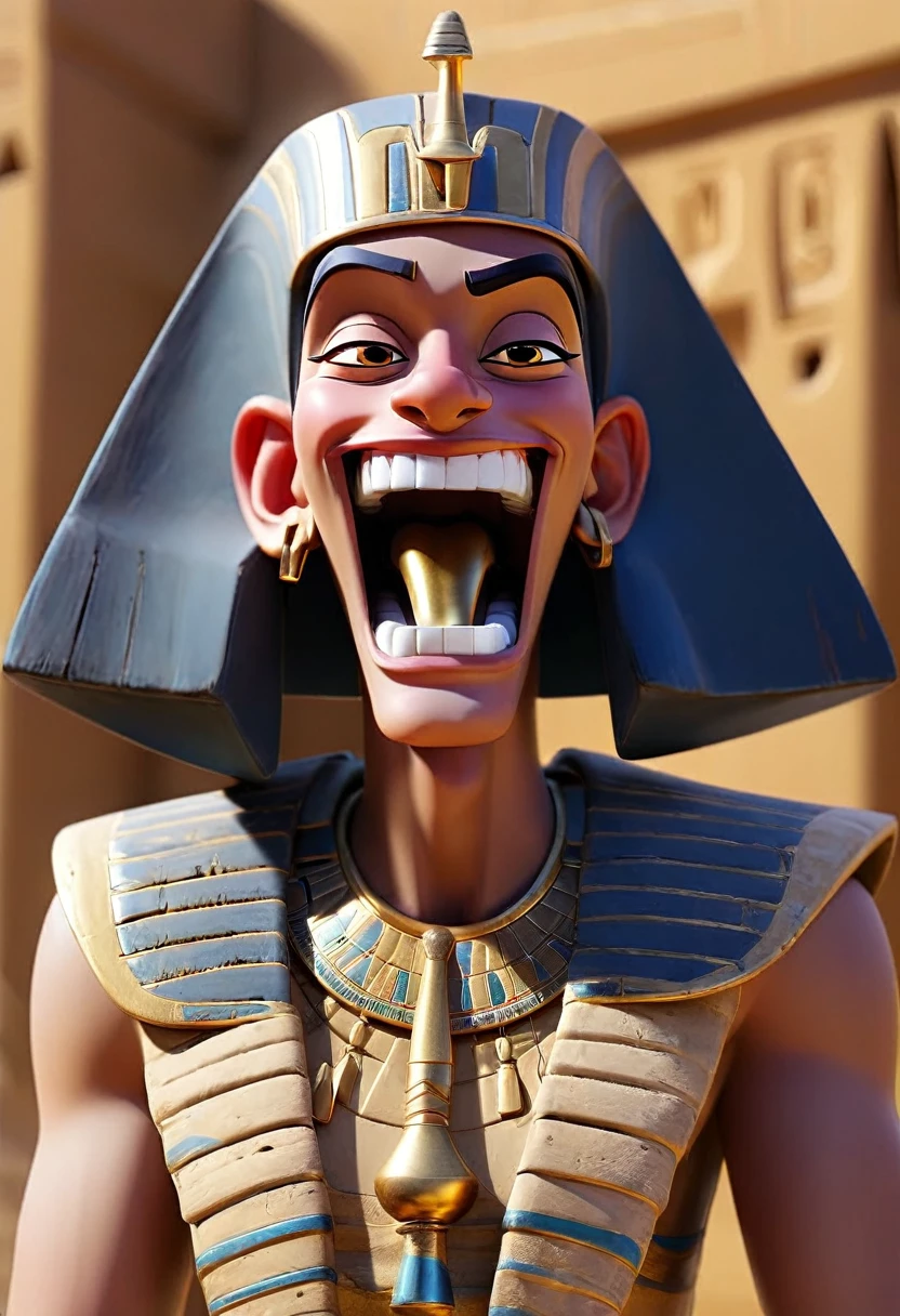 man representing pharaoh,with an open mouth smiling,white teeth