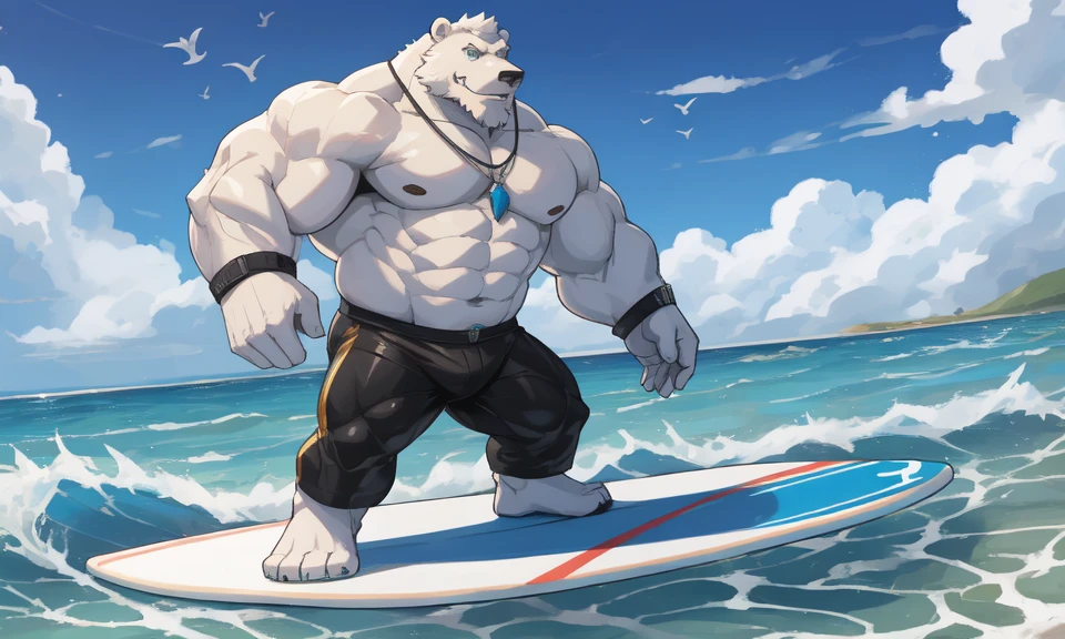 solo, 1boy, Huge Muscular White Polar Bear Dad Dude, huge white fur, pectoral, huge pectoral, wide pectoral, short white hair, blue-colored trunks, black wristbands and shirtless topless, bearded, white Mustache, white fur, tooth necklace, professional surfer, surf board, background, masterpiece, high detailed, 8k, high resolution, at the ocean, surfing the waves, riding the surfboard, gliding on the surfboard, being totally radical, surf's up dudes