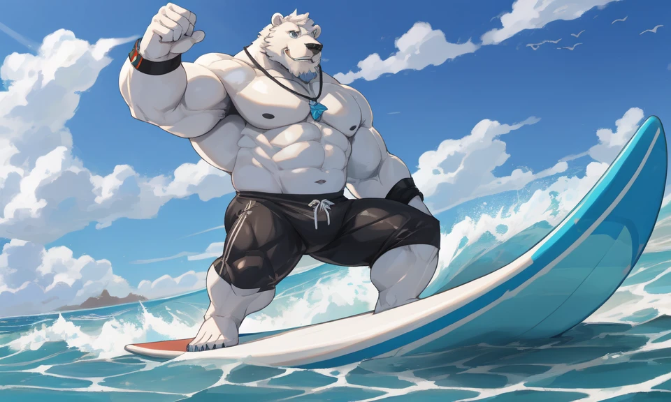 solo, 1boy, Huge Muscular White Polar Bear Dad Dude, huge white fur, pectoral, huge pectoral, wide pectoral, short white hair, blue-colored trunks, black wristbands and shirtless topless, bearded, white Mustache, white fur, tooth necklace, professional surfer, surf board, background, masterpiece, high detailed, 8k, high resolution, at the ocean, surfing the waves, riding the surfboard, gliding on the surfboard, being totally radical, surf's up dudes