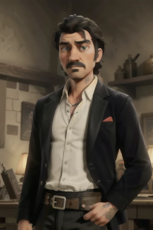 masterpiece, best quality, 8k, official art, cinematic light, ultra high res,  (1boy), Dutch Van Der Linde (Red Dead Redemption 2),  male focus, facial hair, solo, red background, black hair, shirt, beard, formal, jacket, suit, necktie, white shirt, black jacket, scar, looking at viewer, mustache, long sleeves, collared shirt, manly, tattoo, closed mouth
