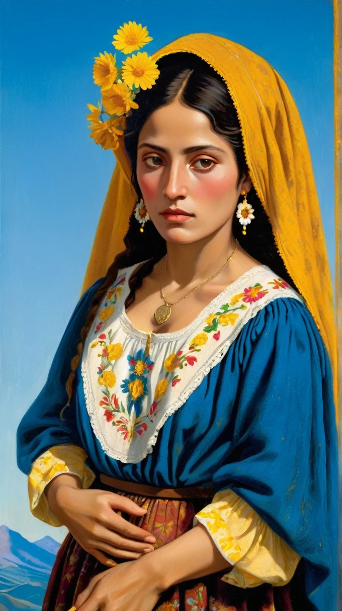 The portrait of a beautiful poorly dressed woman, as a 19th century Mexican peasant, with a blue background and golden earth and flying flowers, all in the style of Giovanni Bellini&#39;s painting and an oil painting on panel.