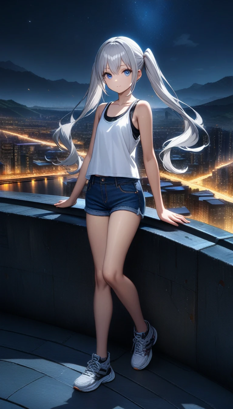32k, best quality, ultra high res, HDR, UHD, extremely detailed CG, unity 32k wallpaper, from the front side, Beautiful city background, Night, cute ???, Beautiful blue eyes, Ideal ratio body proportions, Tank top, Jeans shorts, Silver hair, Long hair,Twin-tailed,