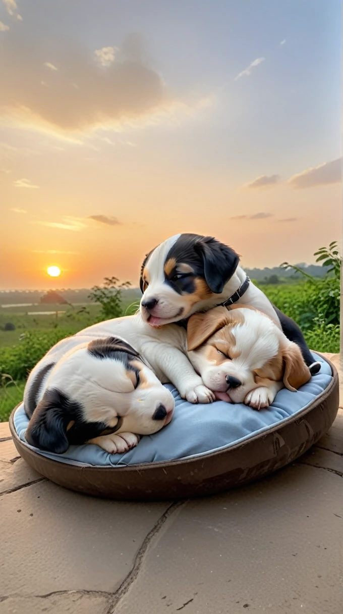 With the sunset in the background,(masterpiece:1.2, high quality), Sleeping together２Pet puppies、