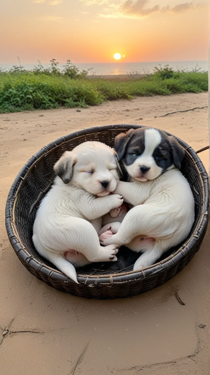 With the sunset in the background,(masterpiece:1.2, high quality), Sleeping together2Pet puppies、