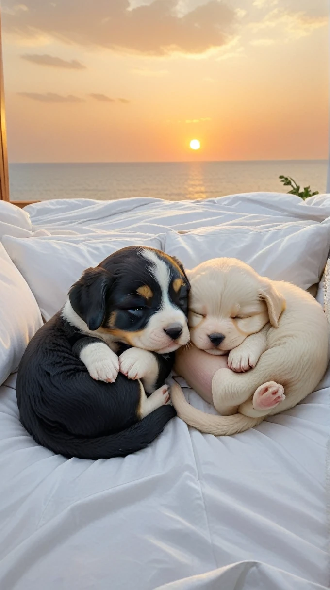 With the sunset in the background,(masterpiece:1.2, high quality), Sleeping together２Pet puppies、