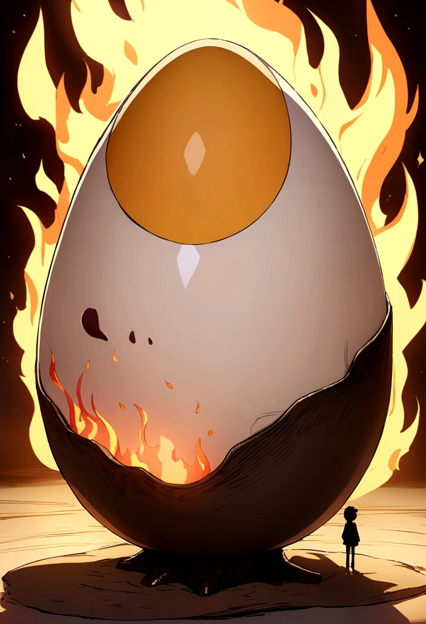 cute anime egg on a bottle on fire