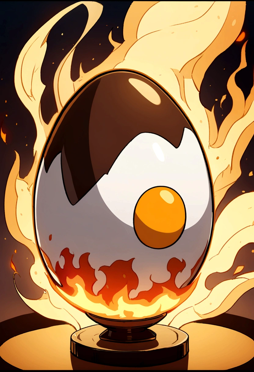 cute anime egg on a bottle on fire