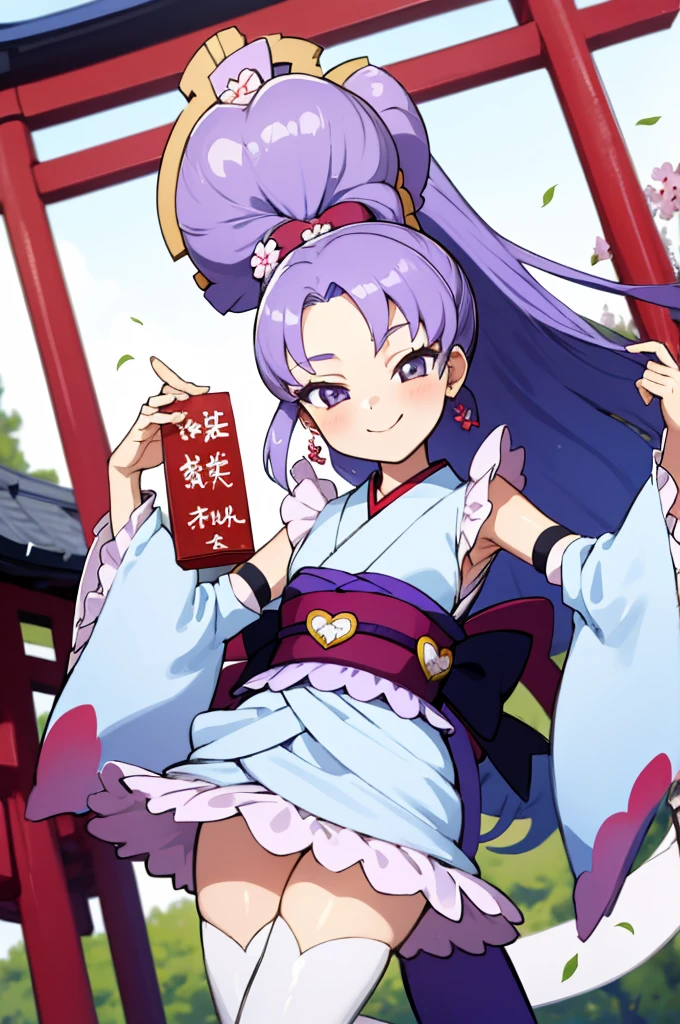 masterpiece, best quality, absurdres, perfect anatomy, 1girl, solo, anmitsuKomachi, long hair, high ponytail, bow-shaped hair, japanese clothes, white kimono, detached sleeves, white thighhighs, frills, sash, festival, shrine, outdoors, smile, 