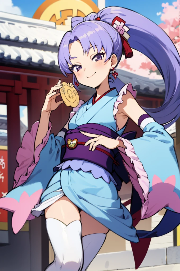 masterpiece, best quality, absurdres, perfect anatomy, 1girl, solo, anmitsuKomachi, long hair, high ponytail, bow-shaped hair, japanese clothes, white kimono, detached sleeves, white thighhighs, frills, sash, festival, shrine, outdoors, smile, 