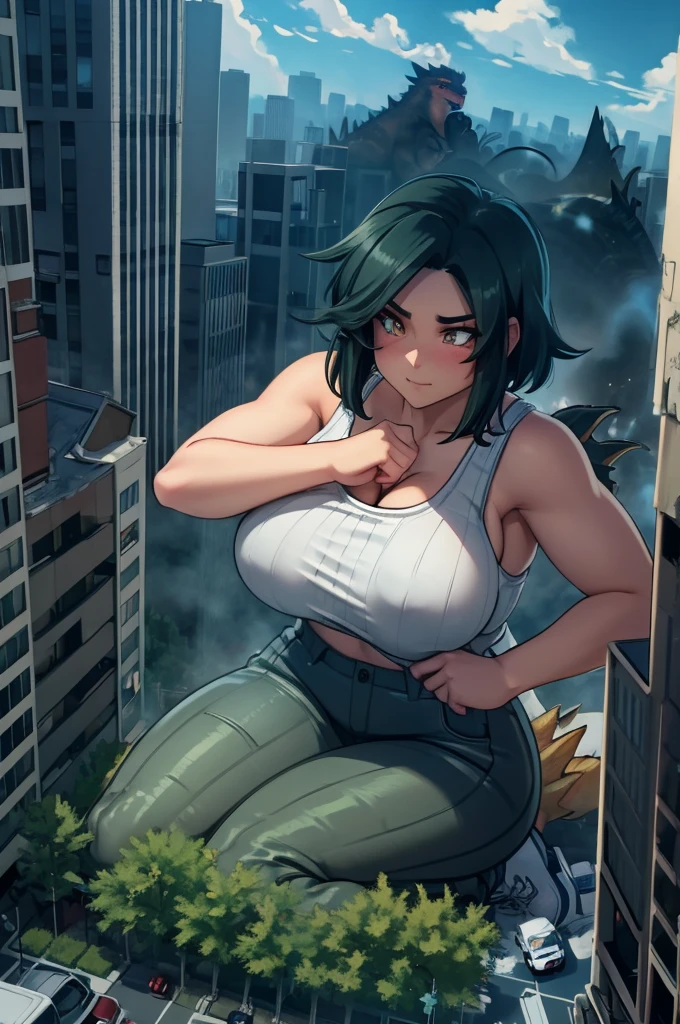 3d, godzilla chan, reptile tail, curvy giantess milf, towering over a city, massive breasts, green short hair, golden eyes, on a street, massive oversized breast, tank top, giantess bumping a building