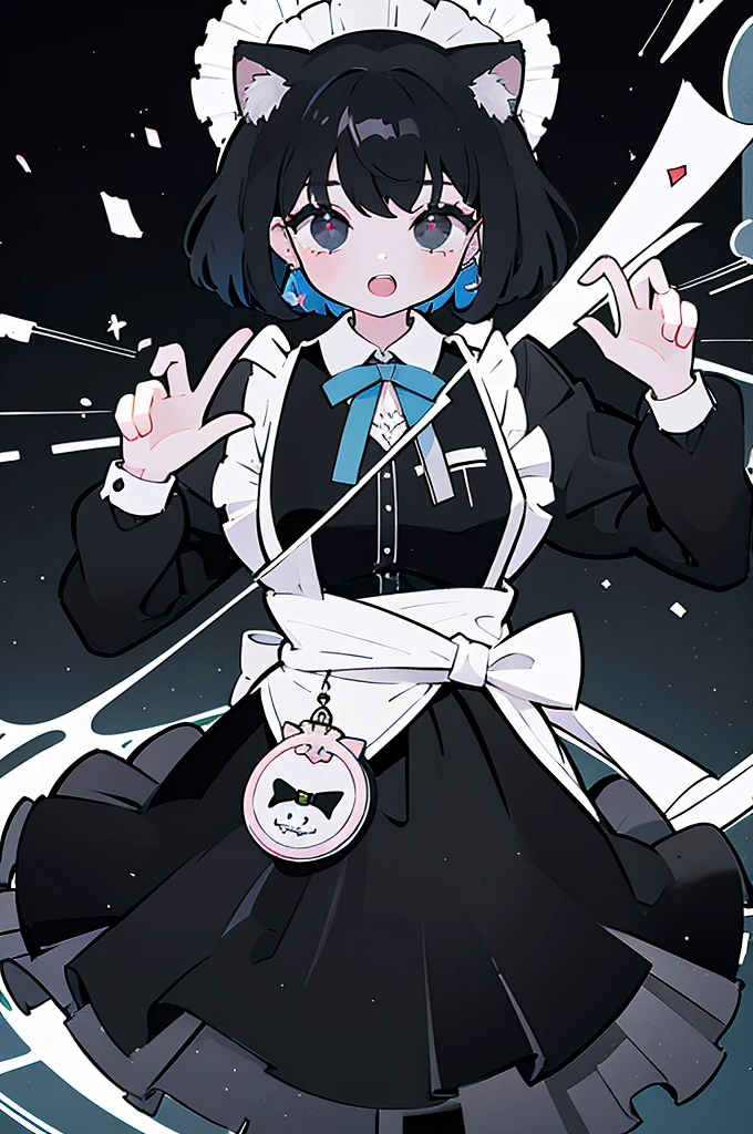 masterpiece, Highest quality, High Resolution, One Girl, solo,  whole body、Maid, Cat ears, black eyes, Black Hair,  Laughter, skirt,[[Healed finger]], [[[[multiple limbs]]]]