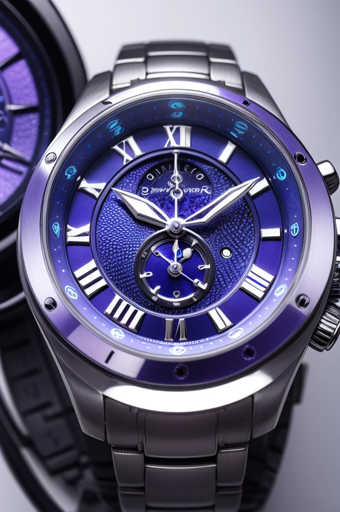 silver wristwatch with bluish purple details and blue dragon eye in the middle