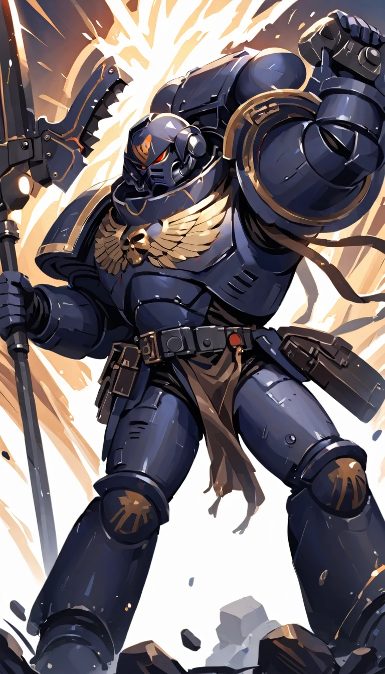 An Iron Warrior warsmith with a power axe and powerfist