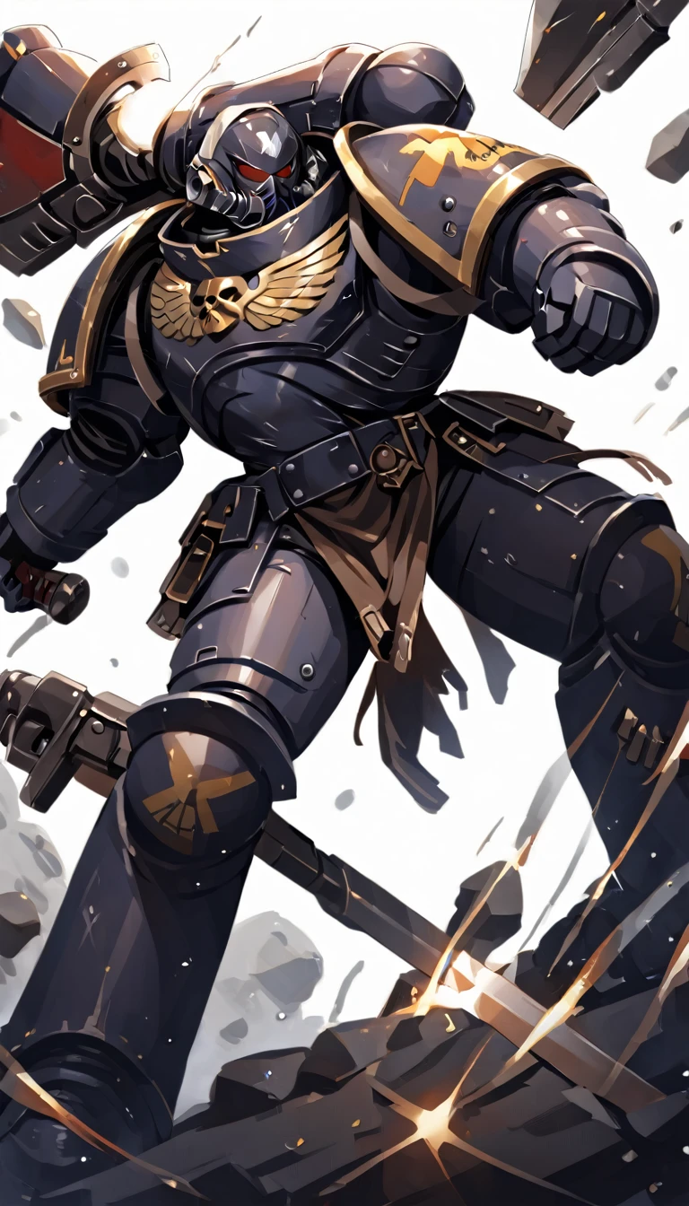 An Iron Warrior warsmith with a power axe and powerfist