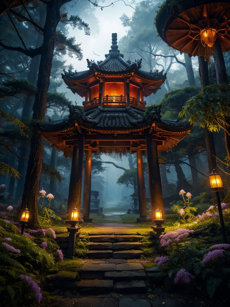 Masterpiece, best quality, 8K, high res, ultra-detailed, no humans, beautiful view, ultra -detailed, fine detailed, highly detailed, intricate, highly detailed, ultra-detailed, scenery, misty atmosphere, solitary, intricate details, delicate features, deep forest, wisps of light, pristine, japanese temple, mysticism, night, red lanterns burning, fireflies, fiery butterflies, gloomy atmosphere, temple in the forest, mossy stairway in the temple, mysterious forest, dilapidated temple, sanctuary, will-o'-the-wisps, dilapidated temple, field of spider lily flowers,wild nature oil painting