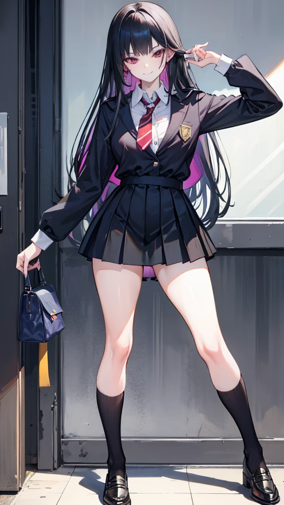 Lydia, a 6 foot tall female student with long black hair and a  with a very short skirt, pushes Tom, a nerd, to the ground in the school yard. with a malicious smile, stands over him while he is on the ground, looking at her panties. tall girl, Scholar, uniform, 6,0ft, sexy, bully, Sexy legs