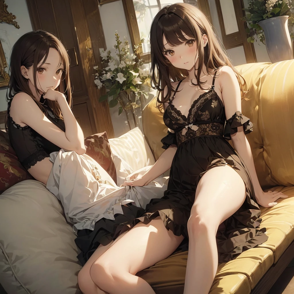 ((master piece)) , ((kanojo okarishimasu)) , ((mizuhara chizuru)) , ((detailed art style)) , ((highly detailed)) , ((finely detailed)) , ((beautiful girl)) , (photo realistic) , lingerie couch , sitting , arm support, ,Mizuhara Chizuru, brown hair, light brown eye,pretty lingerie