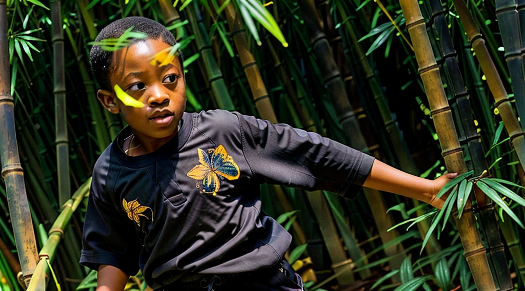 Image of a black ager, 12 yearing a dark gray long-sleeved shirt, short curly hair - long pants and straw sandals - looking sideways in the bamboo grove, running backwards alone on the trail - Image of two blue and black captain butterflies - butterfly flying next to the running teenager - bamborest