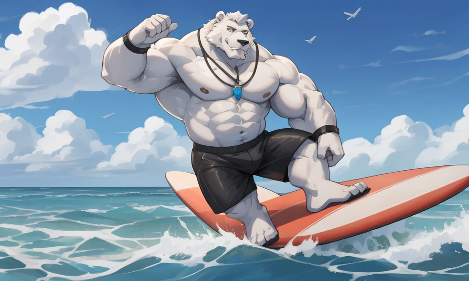 solo, 1boy, Huge Muscular White Polar Bear Dad Dude, huge white fur, pectoral, huge pectoral, wide pectoral, short white hair, blue-colored short trunks, black wristbands and shirtless topless, bearded, white Mustache, white fur, tooth necklace, professional surfer, surf board, background, masterpiece, high detailed, 8k, high resolution, at the ocean, surfing the waves, riding the surfboard, gliding on the surfboard, being totally radical, surf's up dudes