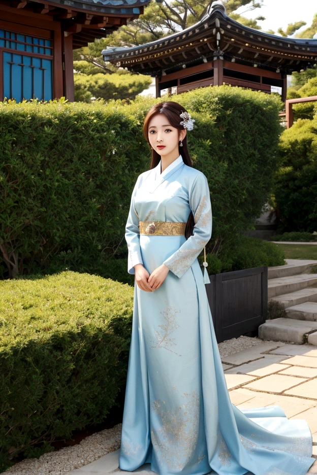 Close up of woman in dress standing in yard, beautiful korean girl, 