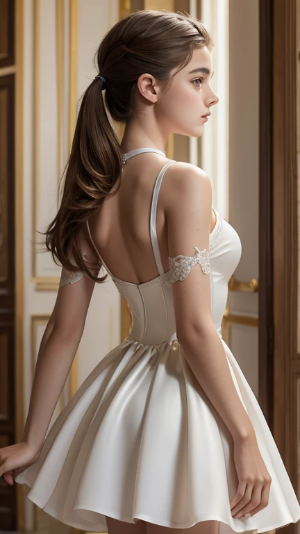  French teenager, Masterpiece, Photo, ultra detailed, ultra realistic, fitted ballet dress, neckline, Horse tail, parts