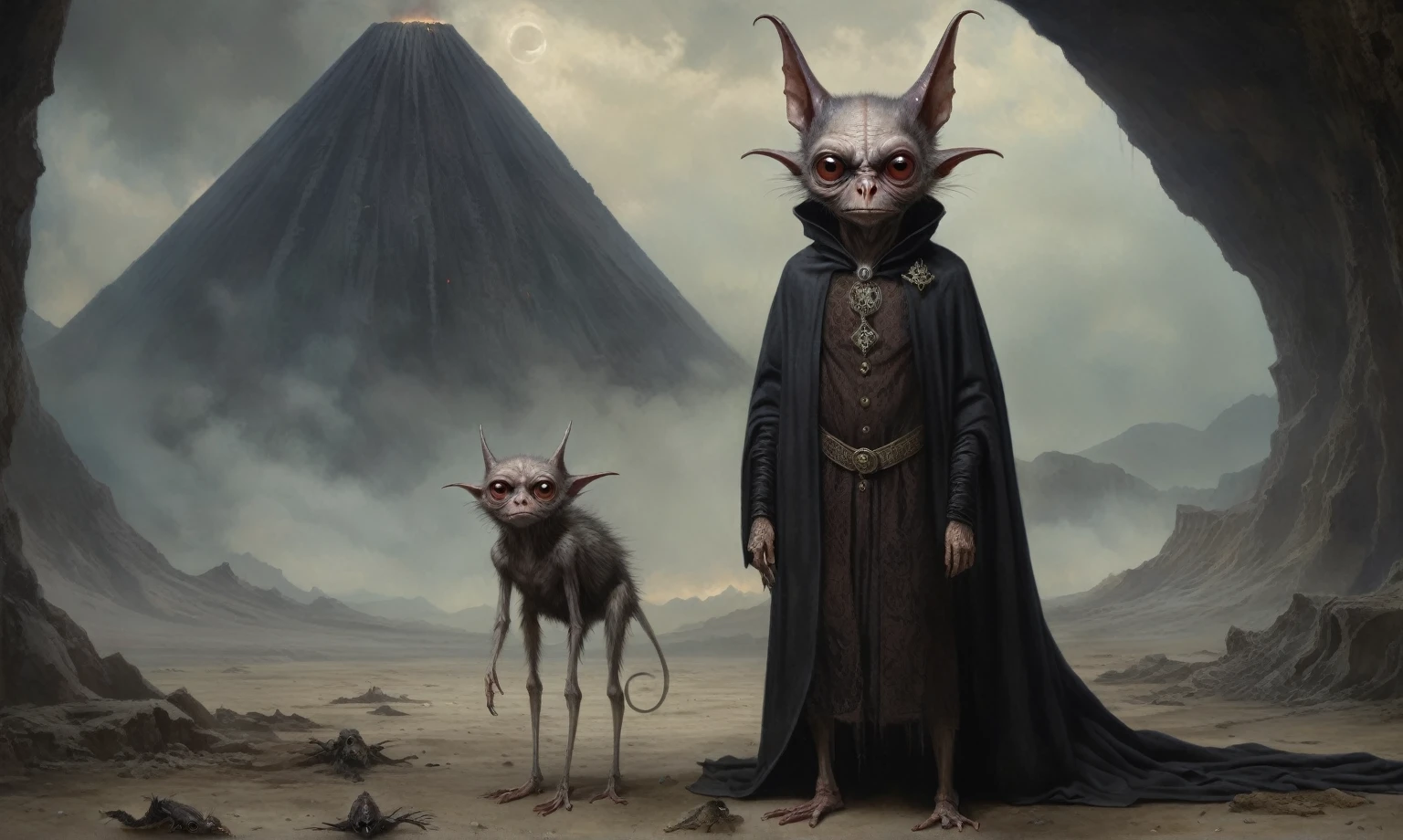Full body length shot, famous artwork by (tom bagshaw:1.1), detailed expressive eyes, fantasy style, the grumpy lubwad is a tiny creature that prospers in intense heat, building its resiliforged lairs in the flanks of active volcanoes on planet ramsnuggle vi, here we get a good look at its dark ears and intricate eyes as it lays in ambush to prey on the grubby sneezlenook from the shadows of its yarbled hideout
RAW photo, realistic texture, extremely detailed, absurdres, sharp focus,  volumetric lighting, subsurface scattering
realistic skin, (natural skin:1), (skin details, skin texture:1.1), (skin pores:1), (skin imperfections:0.3), 
Mestichino,Light particles,marble leather ,ink photography ,RAW, NIKON Z9,ink photorealism,Mestichino,Light particles,marble leather ,ink photography , school of magic