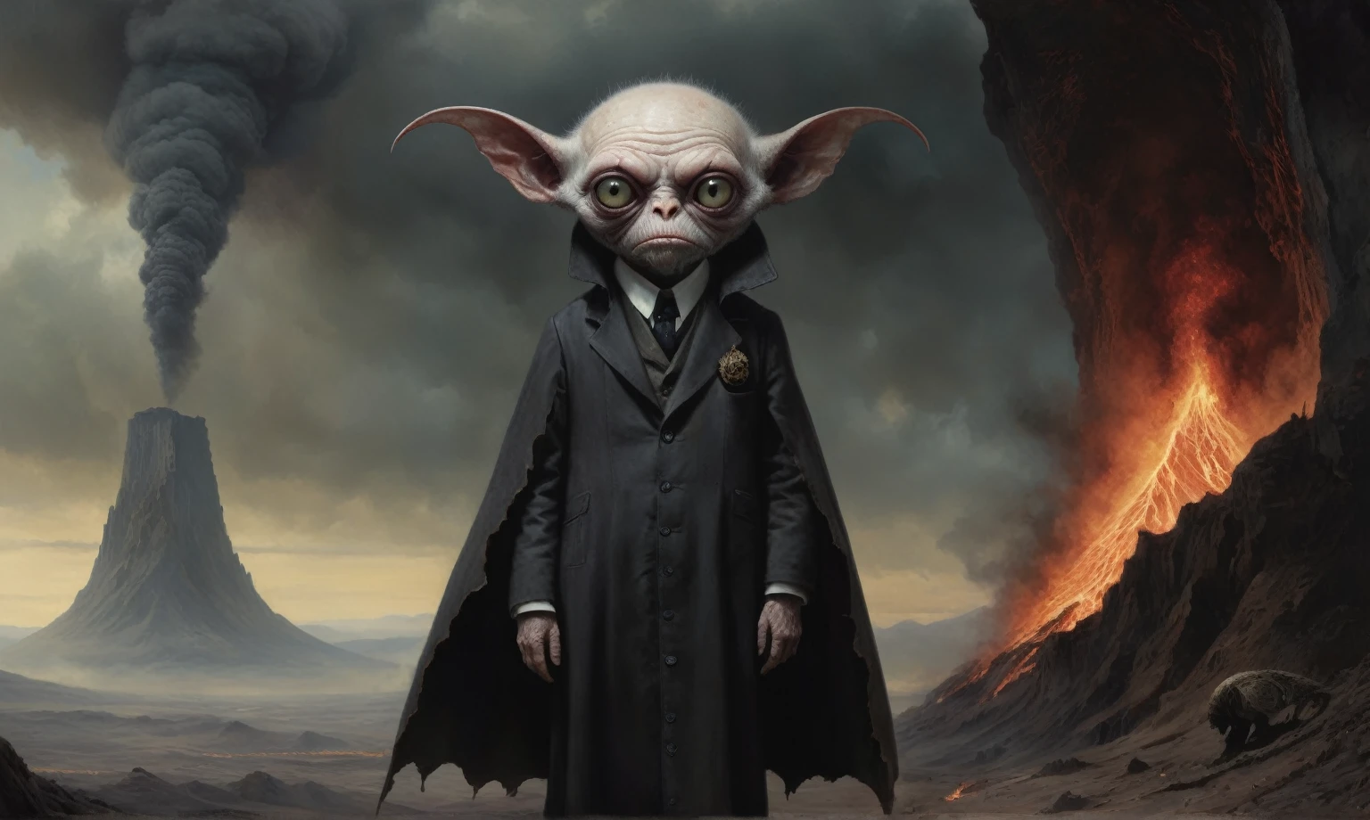 Full body length shot, famous artwork by (tom bagshaw:1.1), detailed expressive eyes, fantasy style, the grumpy lubwad is a tiny creature that prospers in intense heat, building its resiliforged lairs in the flanks of active volcanoes on planet ramsnuggle vi, here we get a good look at its dark ears and intricate eyes as it lays in ambush to prey on the grubby sneezlenook from the shadows of its yarbled hideout
RAW photo, realistic texture, extremely detailed, absurdres, sharp focus,  volumetric lighting, subsurface scattering
realistic skin, (natural skin:1), (skin details, skin texture:1.1), (skin pores:1), (skin imperfections:0.3), 
Mestichino,Light particles,marble leather ,ink photography ,RAW, NIKON Z9,ink photorealism,Mestichino,Light particles,marble leather ,ink photography , school of magic