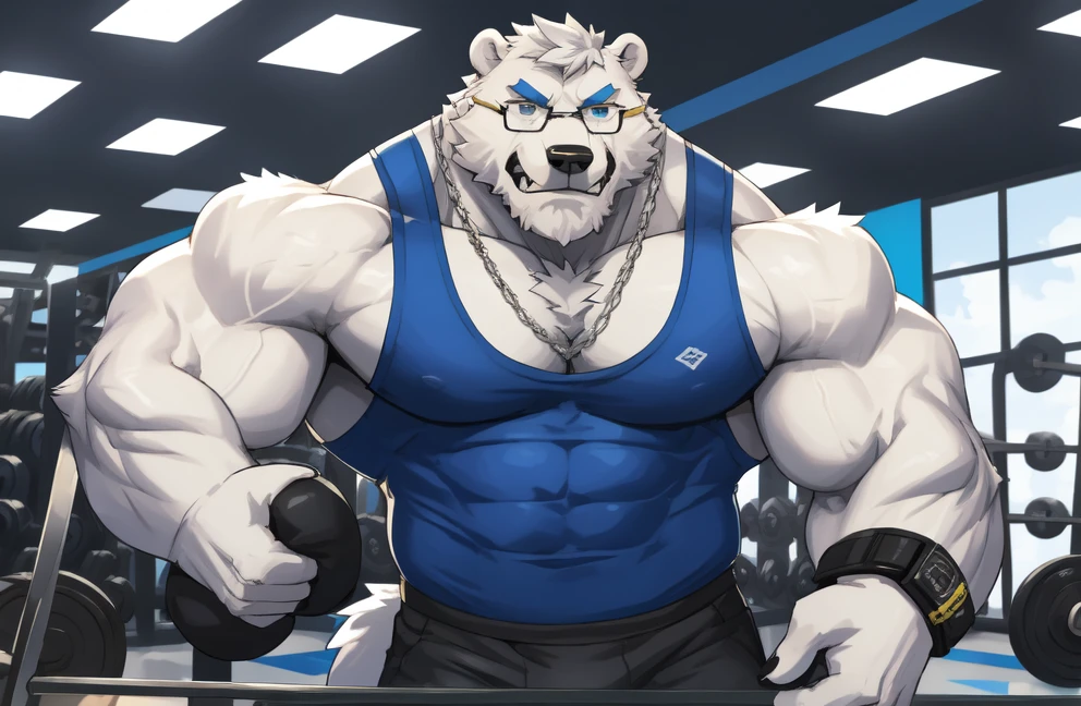 solo, 1boy, Huge Muscular White Polar Bear wearing glasses, huge white fur, pectoral, huge pectoral, wide pectoral, short white hair, blue colored short pants, blue colored wristbands and blue colored tank top, white bearded, white Mustache, white fur, gym background, masterpiece, high detailed, 8k, high resolution, at the gym, punching the bag with his bare hands, growling and grunting