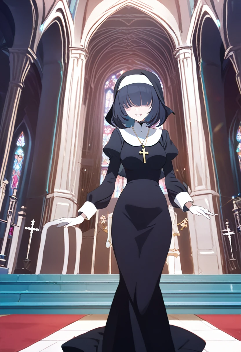 1girl, nun, cross, cross necklacke, jewelry, (black hair), (turquoise bangs), very short hair, hair over eyes, pale skin, turquoise eyes, black dress, church, smile, bellysag, (masterpiece), best quality, anime style, fullbody
