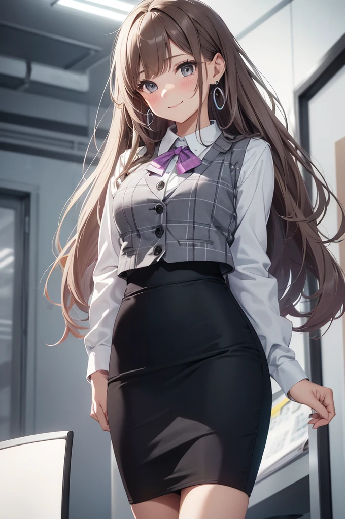 1 girl, pantyshot, long brown hair, office lady, Wearing a pink plaid vest, White short sleeved shirt, Gray pencil skirt, Wear stiletto heels, Necklace, earrings, Too big, Cute face, Smile, Blushing, Shyness, Glass wall, Ultra Detail, Realistic, Front view, Whole body,  (wearing in [[white and gray check pattern]] Vest worn over white collared long-sleeved shirt:1.4), (gray vest with buttons:1.2), (Pink Theme:1.2), (blue ribbon ribbon:1.3), (Black theme:1.4), (Tight black pencil skirt:1.5), (Brown pantyhose), (high-heels:1.1),office desk, office chair,Lulubre Unity 8K Wallpaper, Beautiful background, clearly, Best Quality, The highest resolution, Best aesthetic,extremely detailed CG unity 8k,
