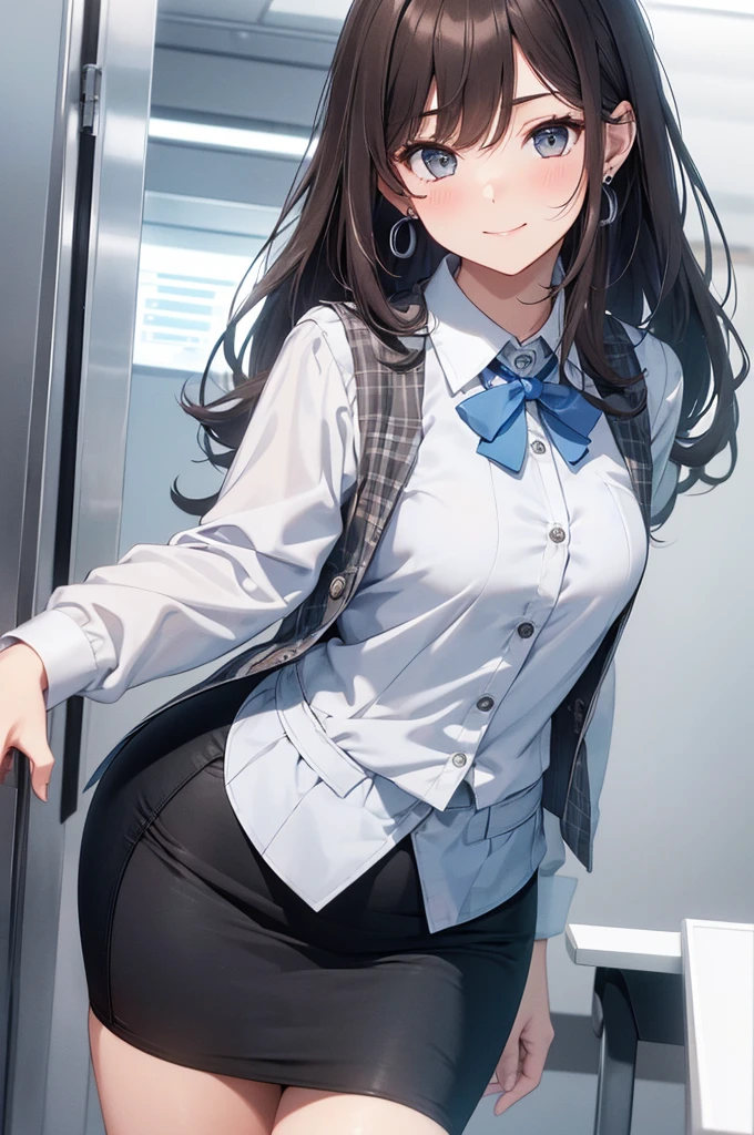 1 girl, pantyshot, long brown hair, office lady, Wearing a pink plaid vest, White short sleeved shirt, Gray pencil skirt, Wear stiletto heels, Necklace, earrings, Too big, Cute face, Smile, Blushing, Shyness, Glass wall, Ultra Detail, Realistic, Front view, Whole body,  (wearing in [[white and gray check pattern]] Vest worn over white collared long-sleeved shirt:1.4), (gray vest with buttons:1.2), (Pink Theme:1.2), (blue ribbon ribbon:1.3), (Black theme:1.4), (Tight black pencil skirt:1.5), (Brown pantyhose), (high-heels:1.1),office desk, office chair,Lulubre Unity 8K Wallpaper, Beautiful background, clearly, Best Quality, The highest resolution, Best aesthetic,extremely detailed CG unity 8k,