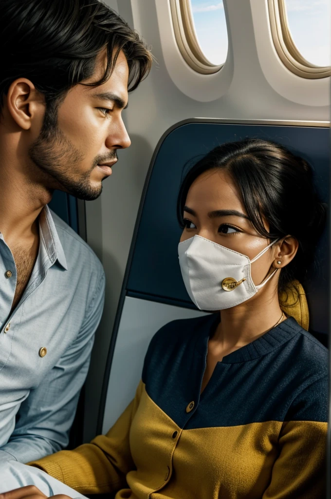 On Board the PlaneScene: The protagonist sitting on the plane with the beautiful woman, who meticulously prepares to sleep during the flight.details: The woman settling into her seat, taking a golden pill, putting on the sleeping mask, while the protagonist watches her fascinated.